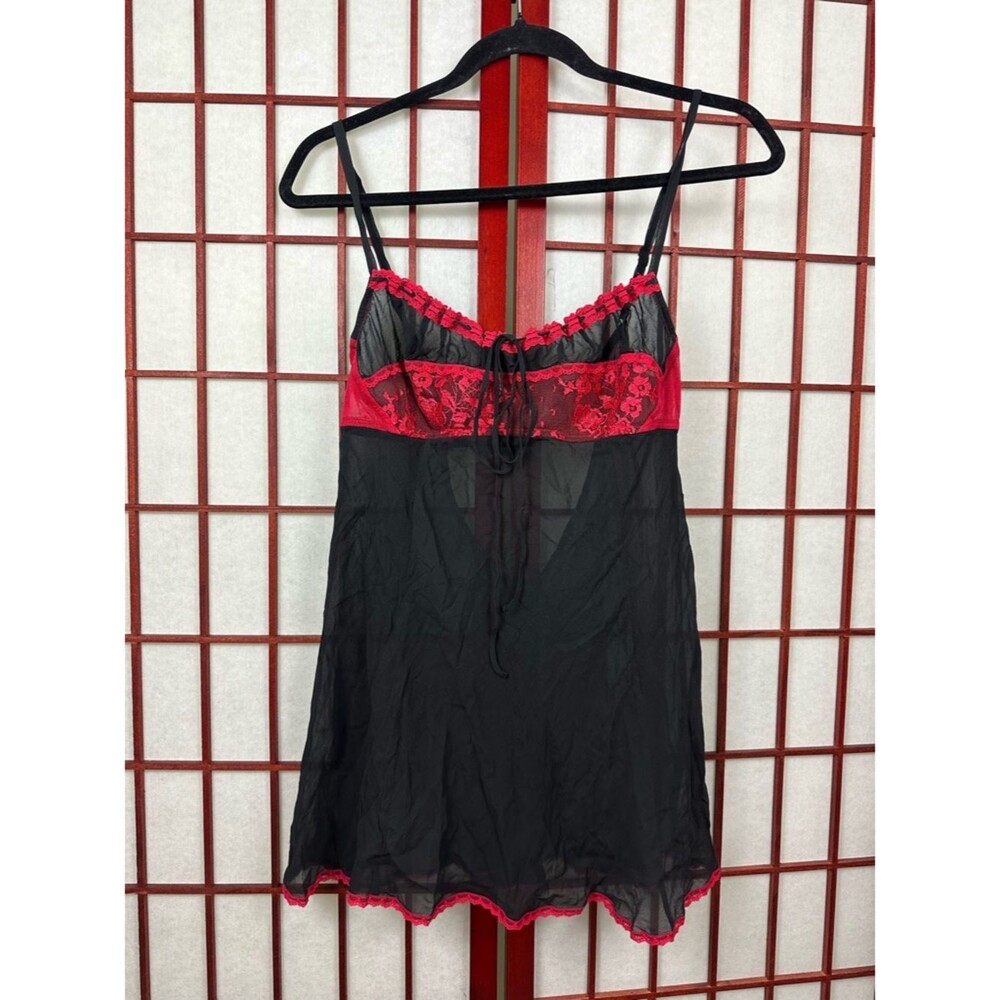 Y2K Victorias Secret Black and Red Sheer Silk Babydoll Lace Chemise Slip Dress M